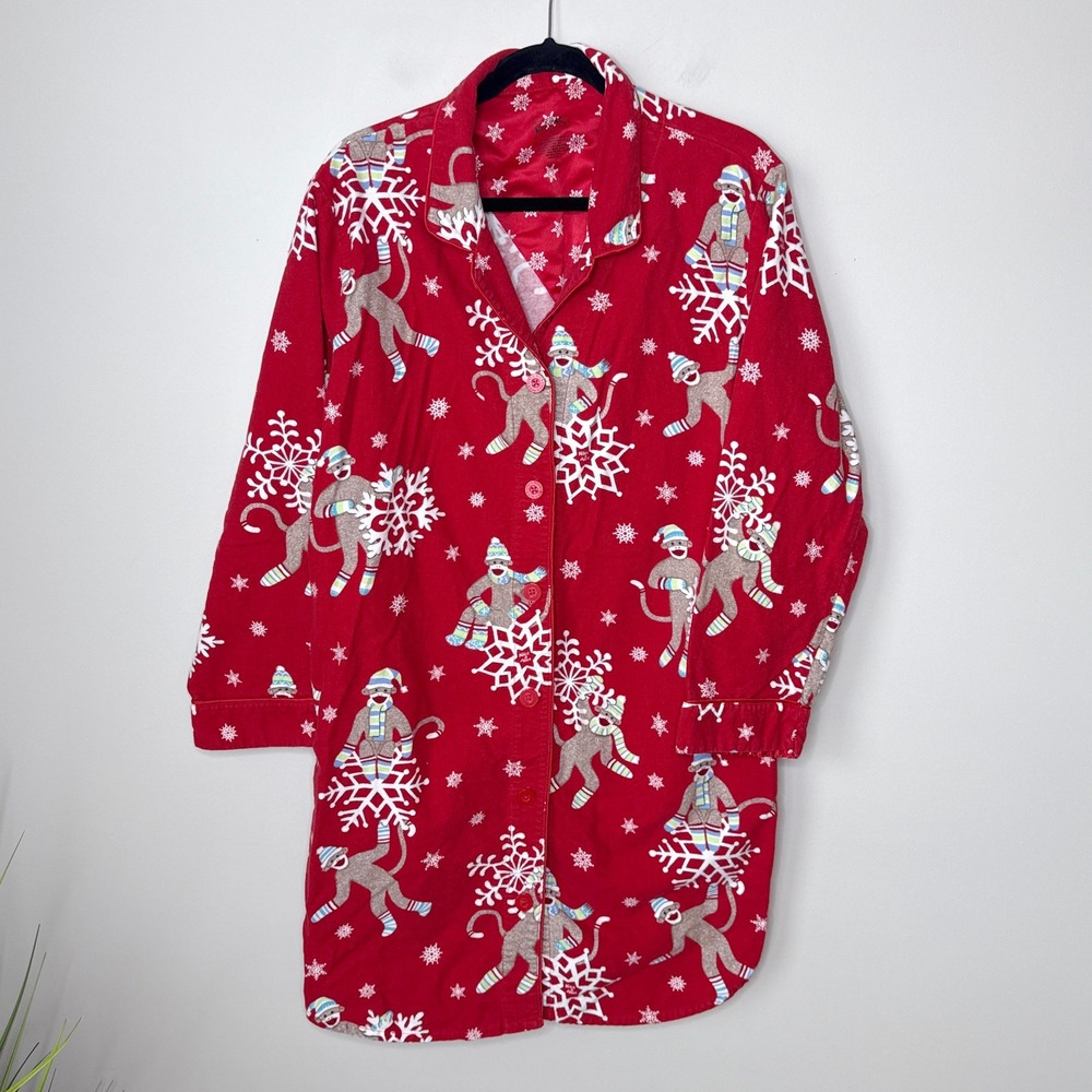 Nick &‎ Nora XXL Sock Monkey Flannel Long Sleeve Button Up Sleep Shirt Pajamas